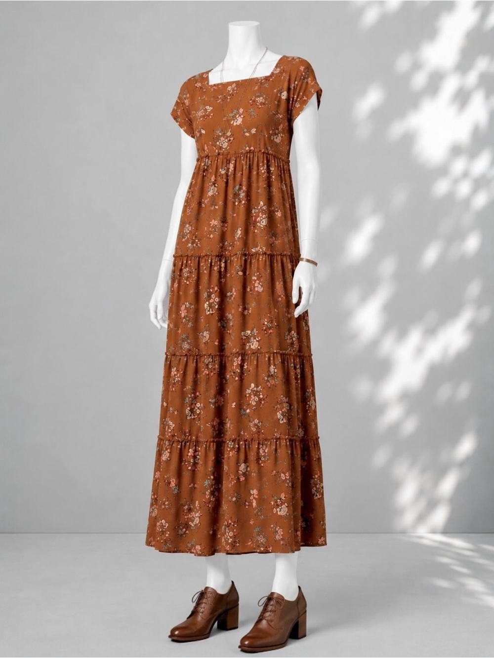 Natural Life Berkley Brown Floral Tiered Maxi Dress L Boho Cottagecore Travel - Picture 2 of 8